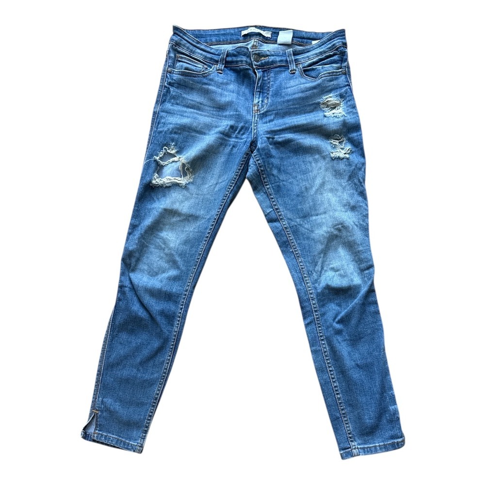 Eunina Womens Size 9 Low Rise Skinny Crop Jeans Distressed Ripped Blue Denim